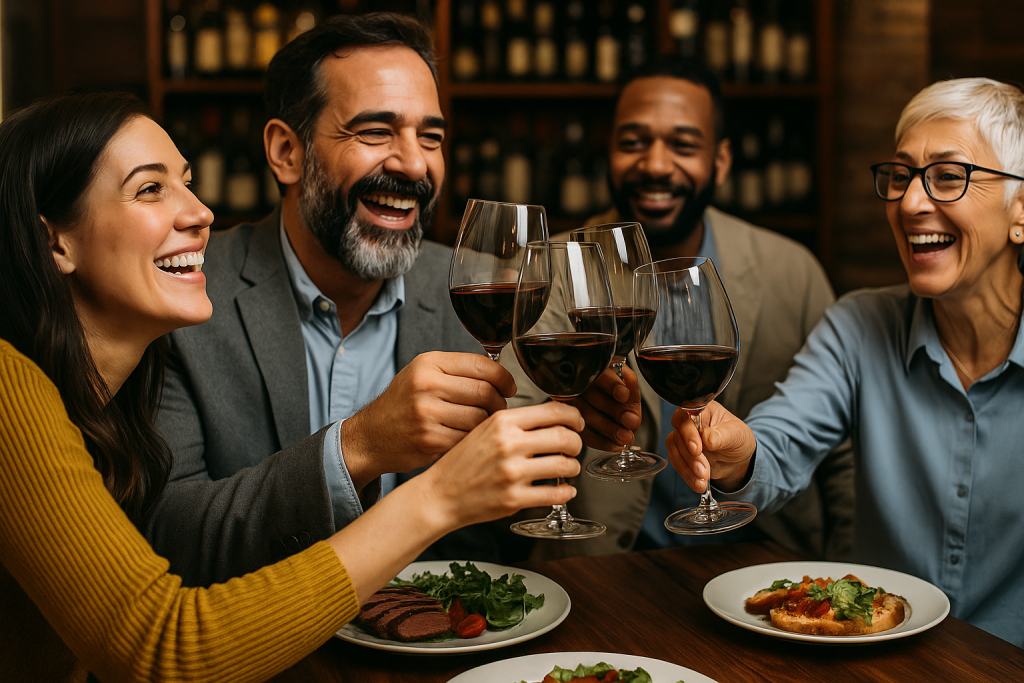 several people enjoying the arts and entertainment of food and wine