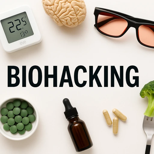 Biohacking wellness concept showing natural supplements, healthy lifestyle tools, and youthful energy practices designed to optimize mind and body performance.